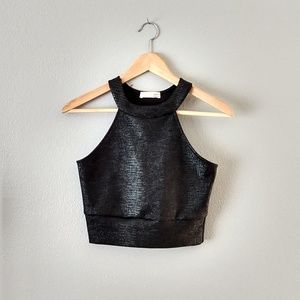 Black Textured Halter Crop Top